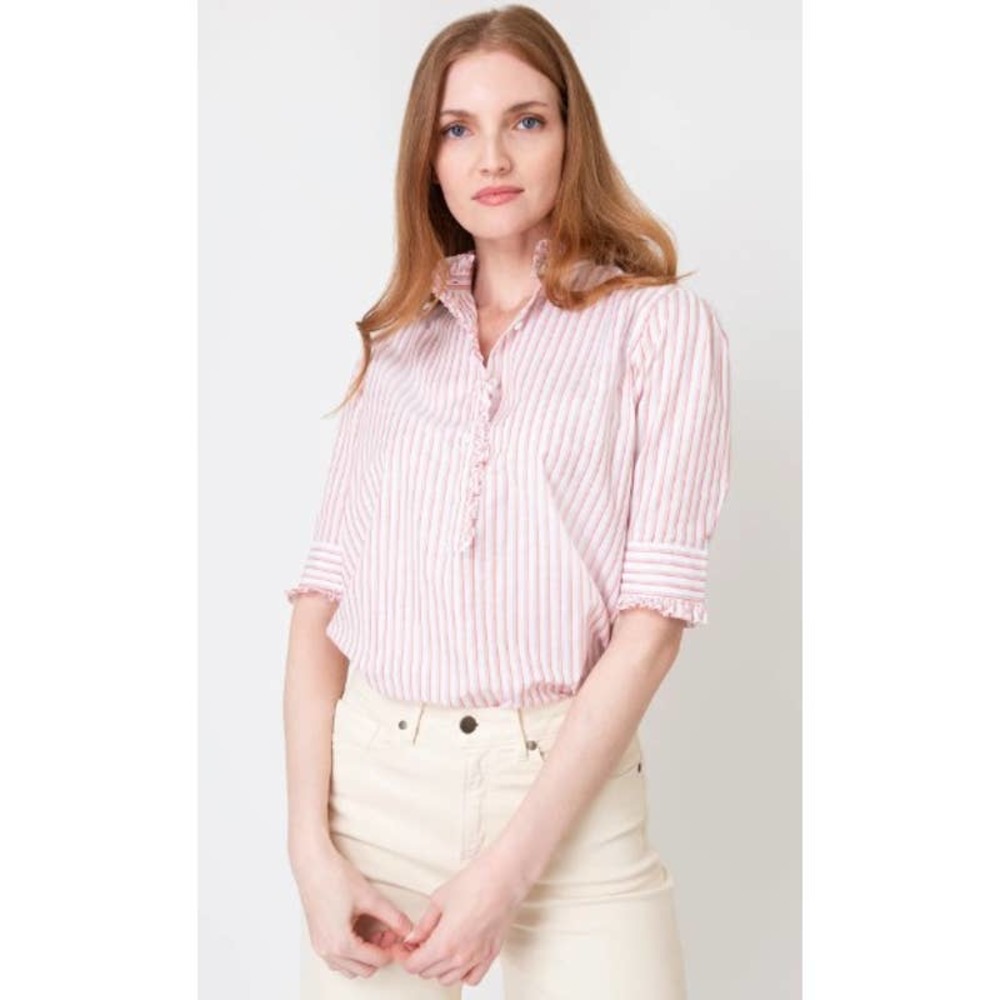 Ann Mashburn Elbow Sleeve Frill Shirt in Calypso/Sand Multi Stripe Sz. M